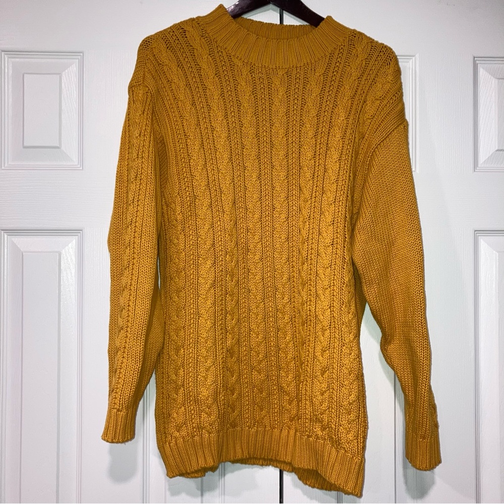 Wainscott Women’s Mustard Yellow Cableknit Cotton Sweater Medium